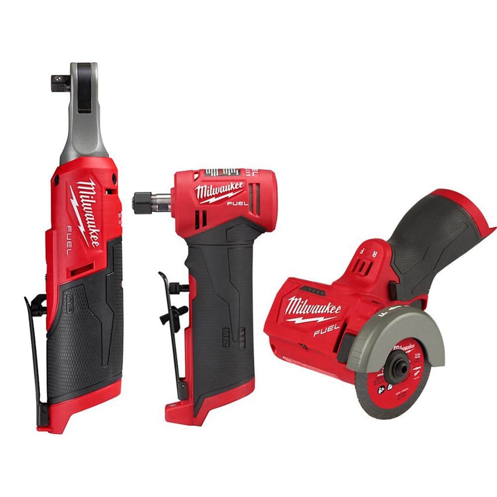 Milwaukee M12 FUEL 12V Lithium-Ion Brushless Cordless High Speed 3/8 in. Ratchet w/M12 FUEL 3 in. Cutoff Saw & 1/4 in. Die Grinder