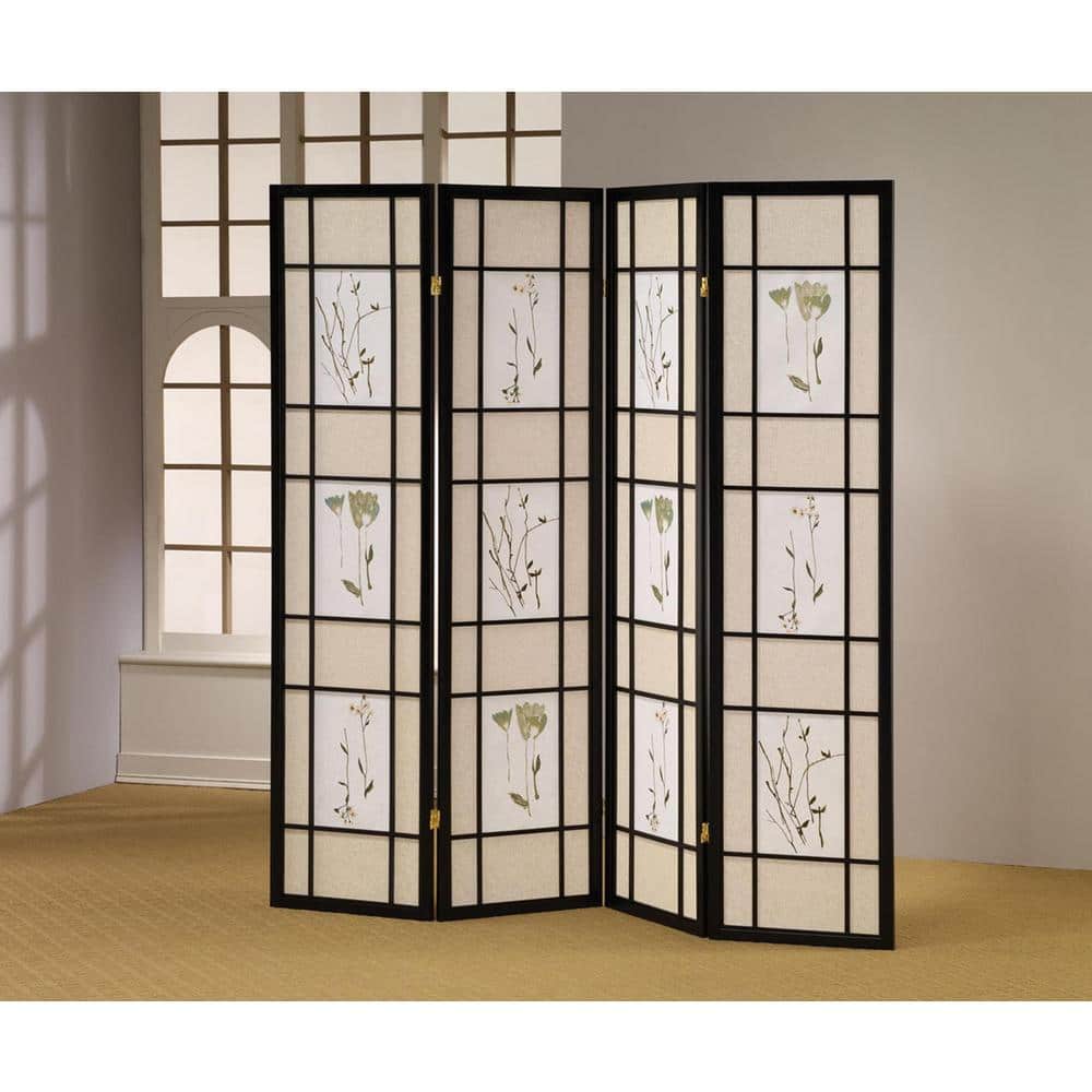 Folding Screen Panels Divider Frame Flower Floral Print Wood Shoji Room Black 