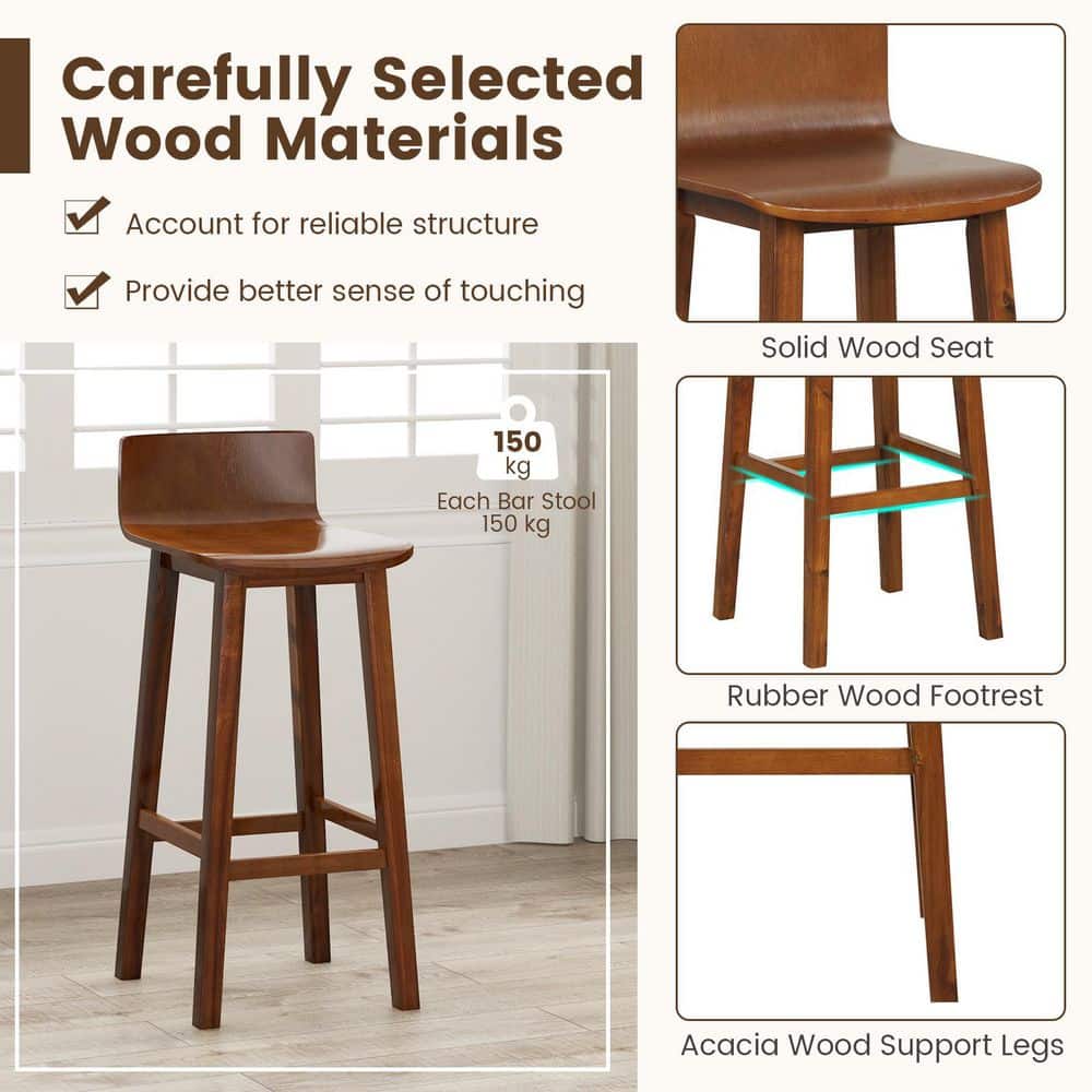 Infographic highlighting the wood materials and features of the bar stool.