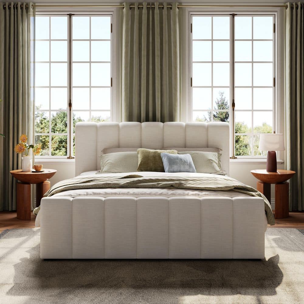 Bastin Beige Linen Fabric Upholstered Wood Frame King Size Platform Bed with Pipes Tufted Thick Headboard - thumbnail 8