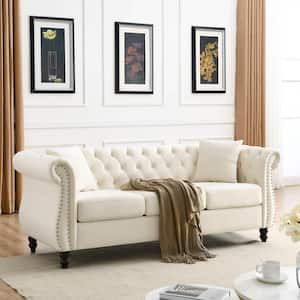 80 in. Wide Rolled Arm Rectangle Velvet 3 Seater Chesterfield Sofa with Tufted, Nailhead Design and 2-pillows in Beige