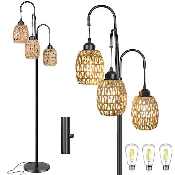 BICIK 69 in. Black Dimmable Tree Floor Lamp with 3 Arc Hanging Rattan LampShade and Efficient Energy LED
