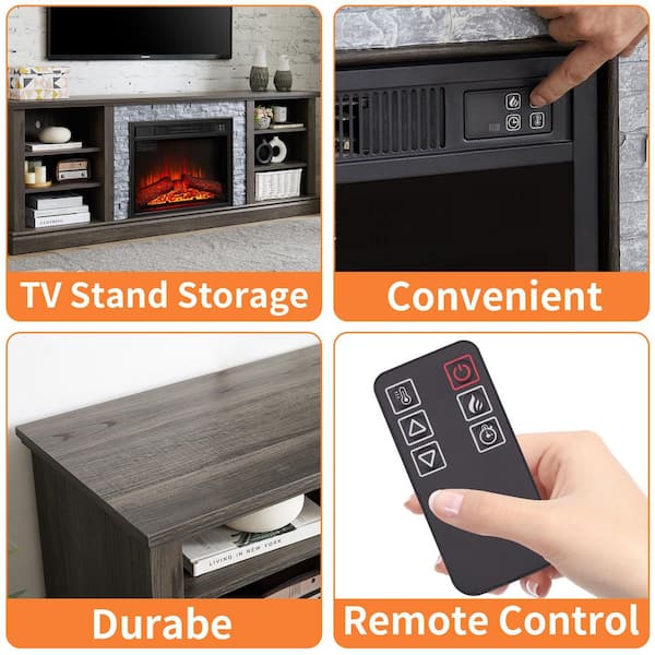 70 in. Freestanding Large TV Desk Storage Rack with Faux Stacked Stone Surround, with Large Storage Cabinet, Grey