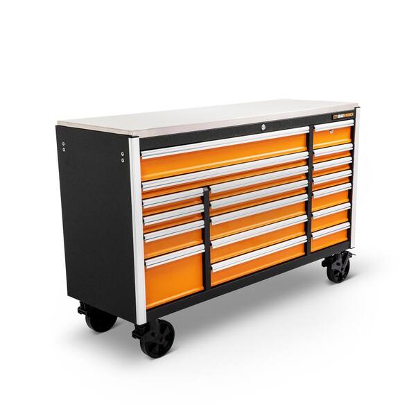 GEARWRENCH - GSX 72 in. x 25 in. 18-Drawer Orange and Black Rolling Mobile Workbench Cabinet with Stainless Steel Worktop