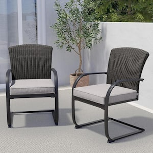 Black Full Iron Rattan C-Spring Outdoor Dining Chair with Dark Grey Cushion (2-Pack)