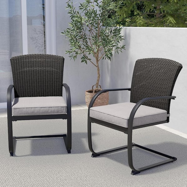 Yangming Black Full Iron Rattan C-Spring Outdoor Dining Chair with Dark Grey Cushion (2-Pack)