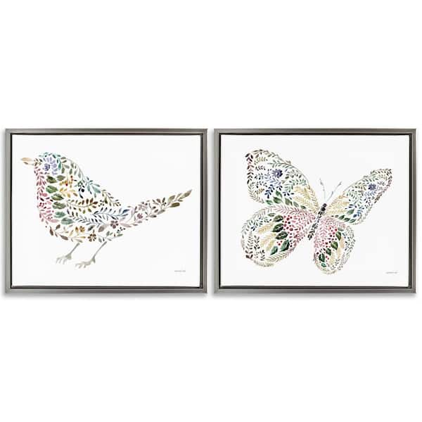 Stupell Industries Bird & Butterfly From Nature by Danhui Nai 2 Pieces Gray Floater Frame Animal Graphic Art Print 17 in. x 21 in.