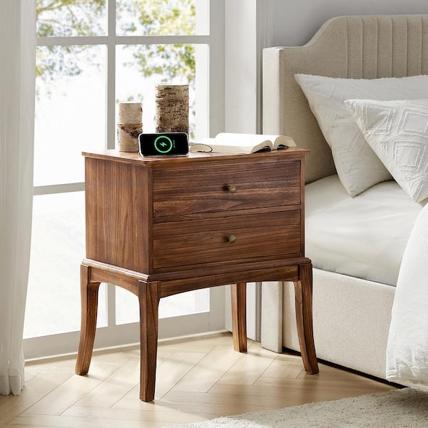 Wilhelm Cherry 28 in. H Transitional 2-Drawer Solid Wood Nightstand with Hidden Outlet