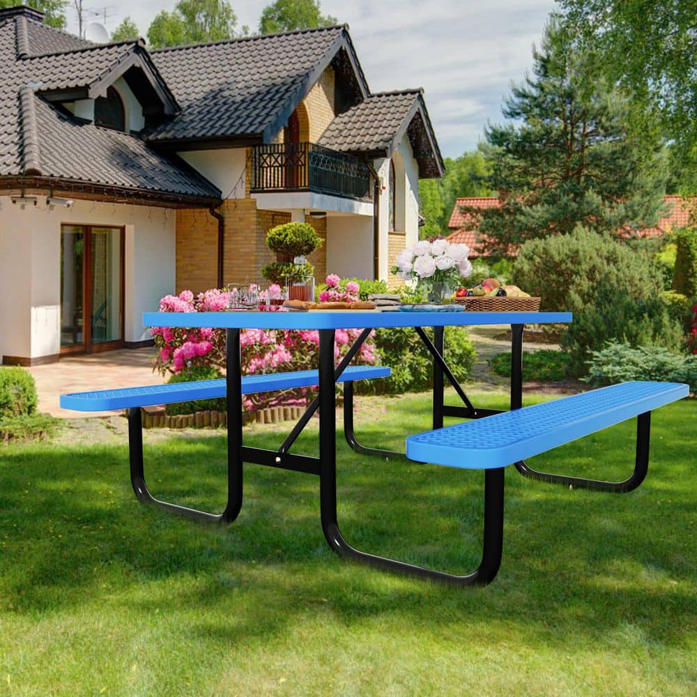 Outdoor 72 in. Thermoplastic Coated Rectangle Steel Picnic Tables 6-Person with Umbrella Hole, Patio Dining Table, Blue price history on PriceWatchPro