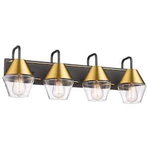 30 in. 4-Light Black and Brushed Gold Finish Vanity Light with Clear Glass Shade Wall Sconce for Mirror Bedroom Hallway