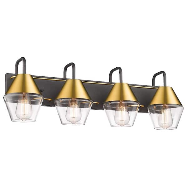 JAZAVA 30 in. 4-Light Black and Brushed Gold Finish Vanity Light with Clear Glass Shade Wall Sconce for Mirror Bedroom Hallway