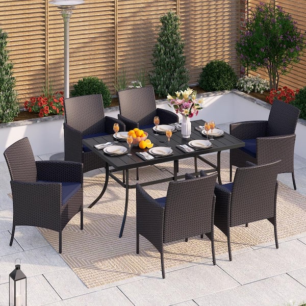 PHI VILLA Black 7-Piece Metal Patio Outdoor Dining Set with Rectangle Table and Rattan Chairs with Blue Cushion
