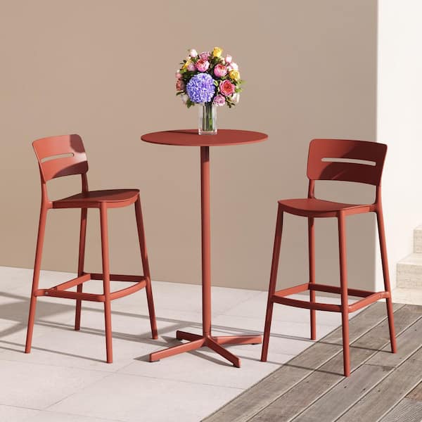 Frond and Form Modern Outdoor Patio Poly Plastic Stackable 29.5 in. Bar Stool (Set of 2), Red