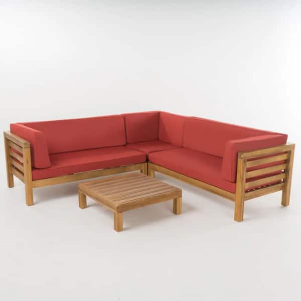 Red 4-Piece Wood Patio Fire Pit Sectional Seating Set with Sunbrella Cardinal Red Cushions​