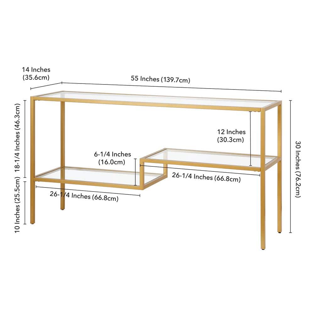 Evelyn&Zoe Lovett Modern Brushed Gold Console Table with Tempered Glass Shelves
