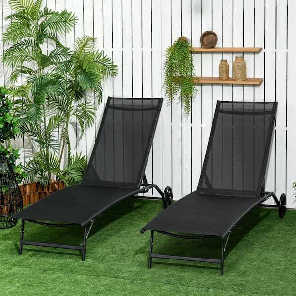Sudzendf 2-Piece Metal Outdoor Chaise Lounge with Mesh Fabric Seat Wheels Tanning Chair with 5 Adjustable Positions in Black