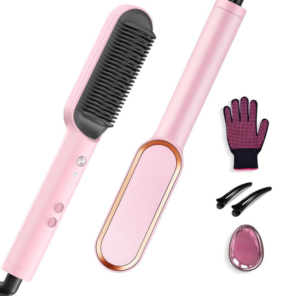 Pink Hair Straightener Brush with 5-Temps, 20s Fast Heating and Dual Voltage for Women, Ring Hair Straightening Comb