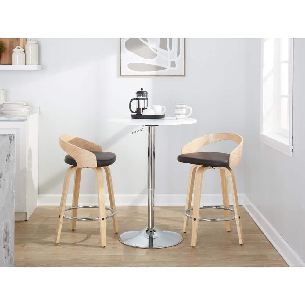 Natural Brown Chrome Swivel Wood and Leather Counter Stool
