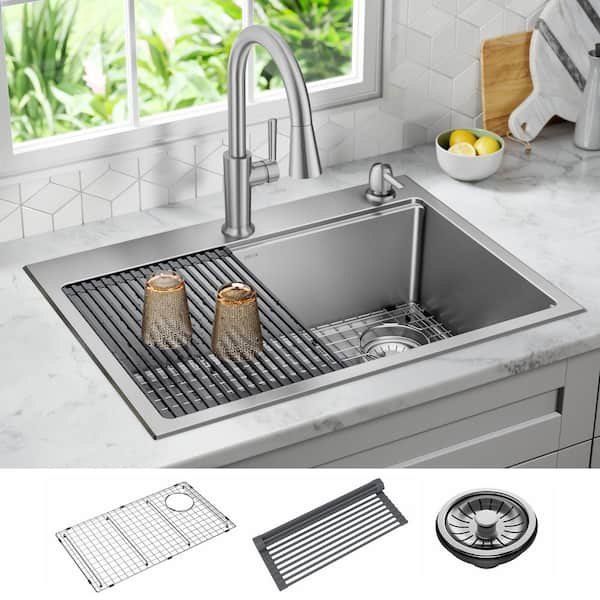 Emery Stainless Steel 30 in. Single Bowl Undermount/Drop-In Workstation Kitchen Sink with Accessories