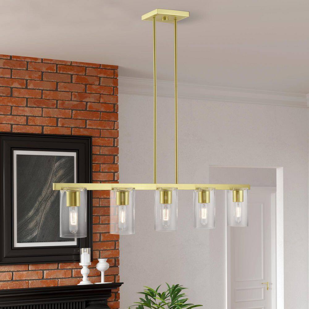 Clarion Sleek Satin Brass 5-Light Linear Chandelier with Clear Glass