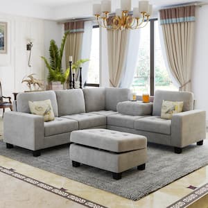 85 in. Square Arm 3-Piece Velvet L-Shaped Sectional Sofa in Light Gray with Storage