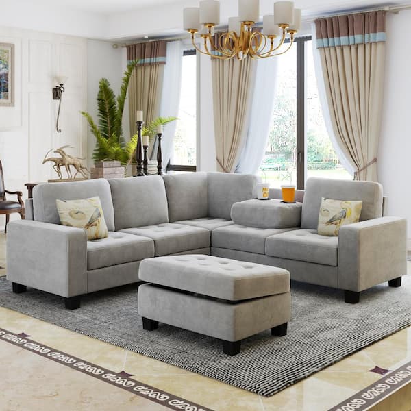 Nestfair 85 in. Square Arm 3-Piece Velvet L-Shaped Sectional Sofa in Light Gray with Storage
