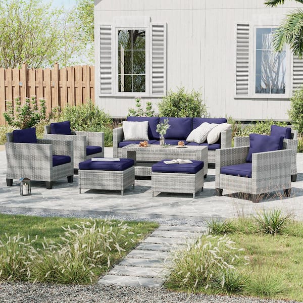 8-Piece Gray Wicker Patio Sofa Set Outdoor Furniture Set with Ottomans and Coffee Table, Navy Blue