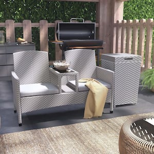 Limewood Light Gray and White 2-Piece Aluminum Outdoor Loveseat with Gray Cushion and Trash Can