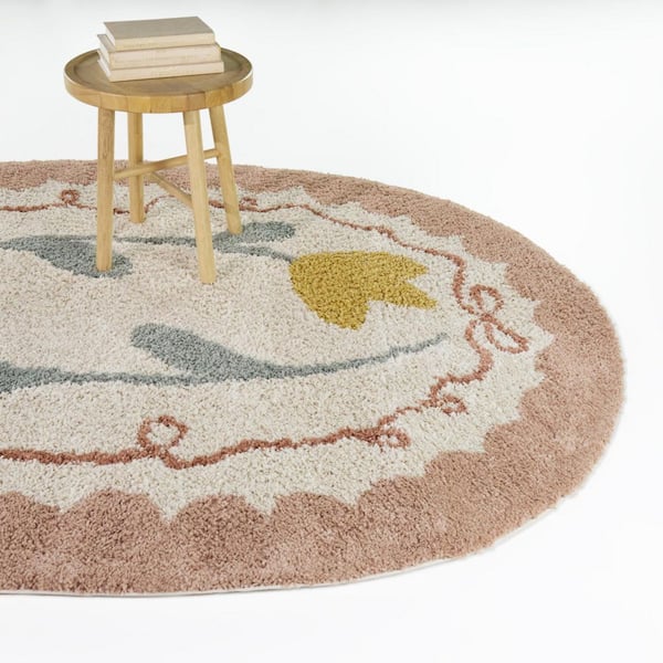 Meadow Pink 7 ft. x 9 ft. Oval Floral Ribbon Border Area Rug