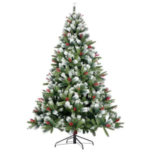 7.5 ft. Artificial Christmas Tree Flocked Pine Needle Tree with Cones Red Berries Foldable Stand