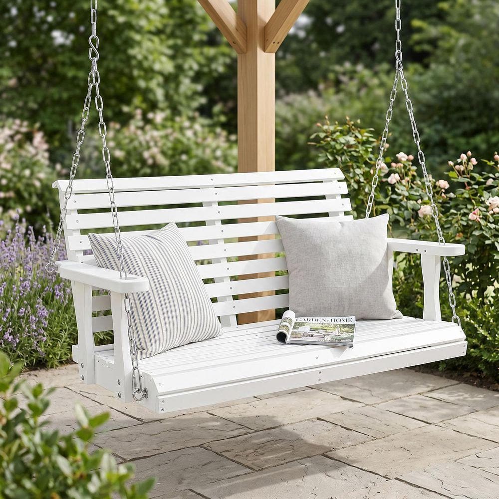 White 44 in. 3-Person Fir Wood Porch Swing, Patio Swing Chair with