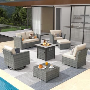 Bexley Gray 8-Piece Wicker Fire Pit Patio Conversation Seating Set with Bold-stripe Beige Cushions and Swivel Chairs