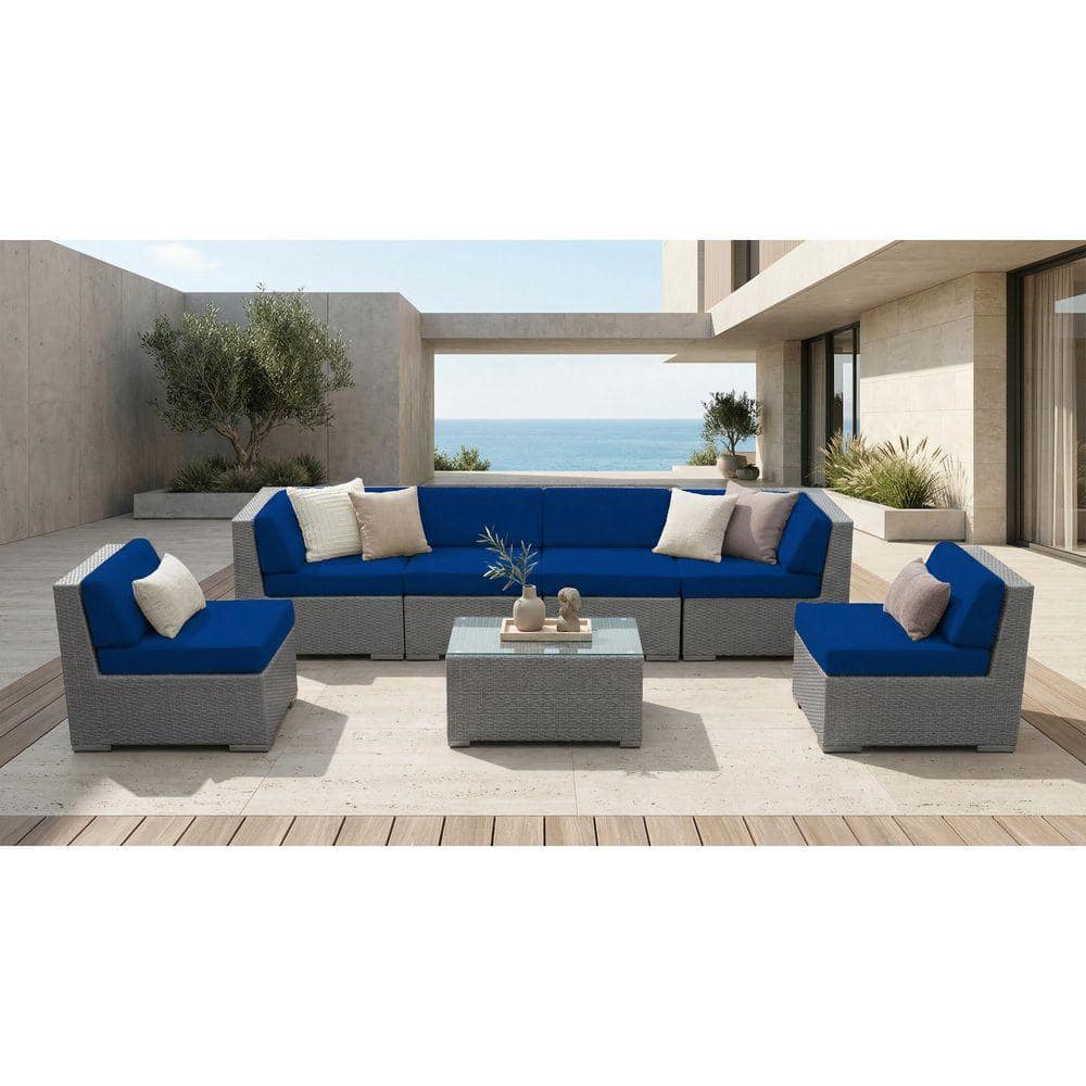 Ohana Depot Gray 7-Piece Wicker Patio Seating Set with Sunbrella