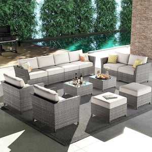 Huron Gorden Brown 12-Piece Wicker Outdoor Patio Conversation Sectional Sofa Set with Beige Cushions