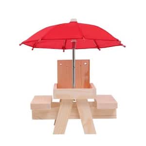 Squirrel Feeder Table Natural Wood Finish Wooden Funny Squirrel Picnic Table Feeder with Corn Cob Holder and Umbrella