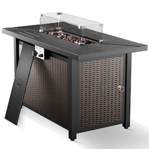 Alliron 43 in. Rectangular Brown Metal Propane Outdoor Fire Pit Table with Glass Wind Guard Lid, Lava Rocks, 50000 BTU