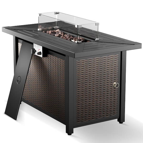 Opohoro Alliron 43 in. Rectangular Brown Metal Propane Outdoor Fire Pit Table with Glass Wind Guard Lid, Lava Rocks, 50000 BTU