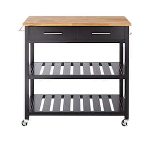 Glenville Black Rolling Kitchen Cart with Butcher Block Top, Double-Drawer Storage, and Open Shelves (36'' W)