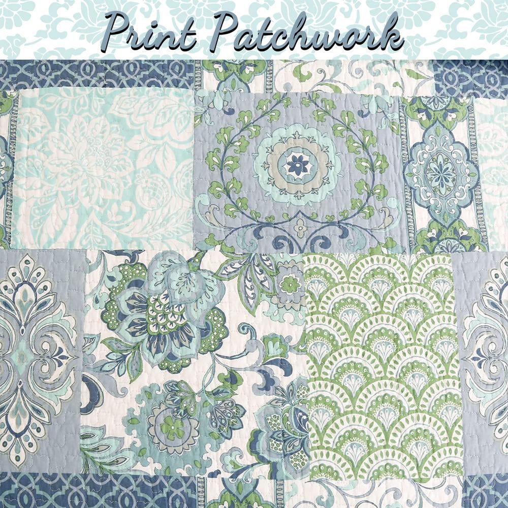 King Blue Cotton Reversible Patchwork Quilt Set