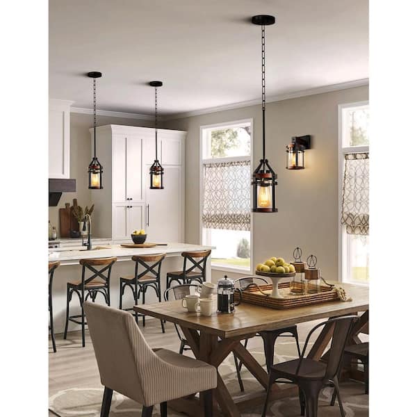 YANSUN 1-Light Farmhouse Black Kitchen Island Pendant Light, Industrial Lantern Chandelier Lighting for Dinning Room Hallway