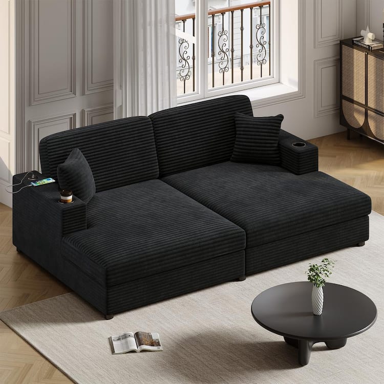 Harper & Bright Designs Oversized 86.5 in. sq. Arm Corduroy Rectangle Chaise Lounge Sofa in Black with 2-Pillows, 2 USB Ports, 2-Cup Holders
