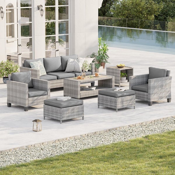 Sonkuki 7-Piece Patio Conversation Set Grey Wicker Outdoor Furniture Set Three-Seat Sofa Thickening Cushions, Gray