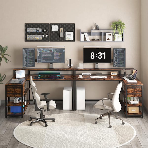 BYBLIGHT Lanita 55.1 in. Reversible L Shaped Desk Brown and