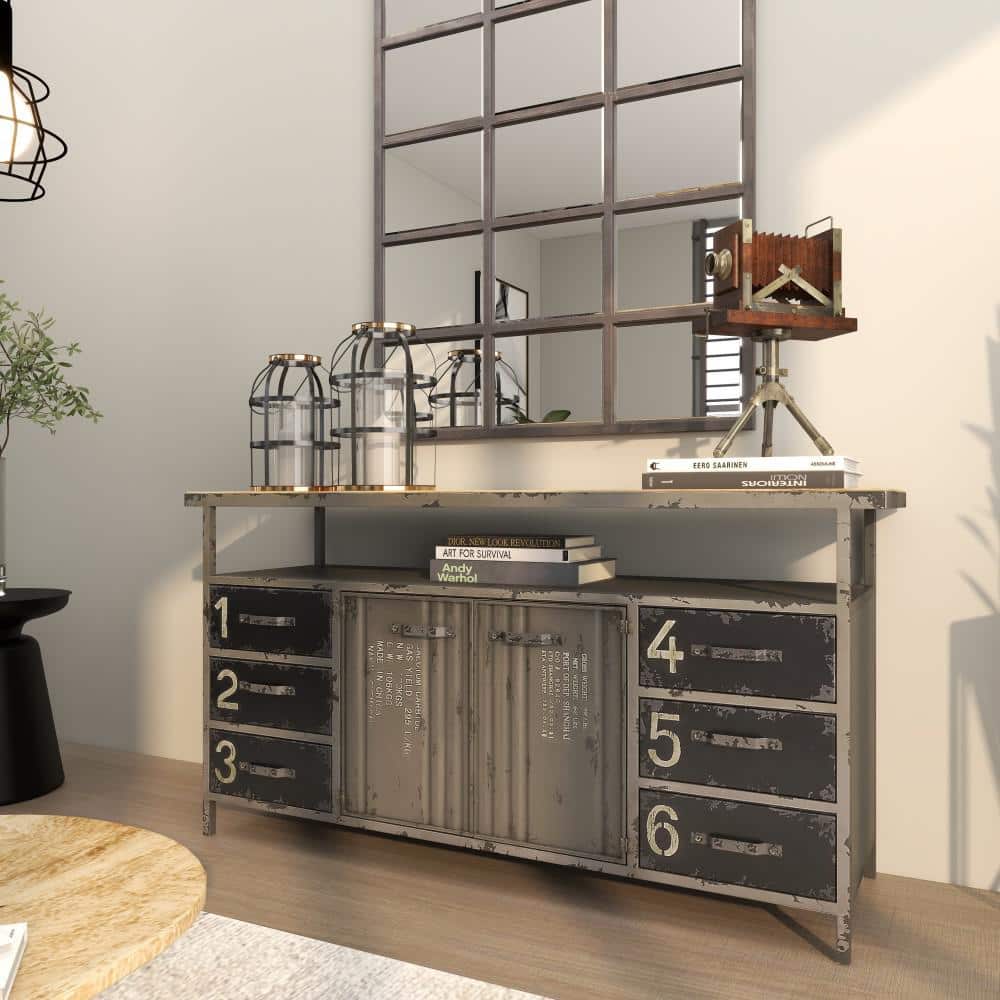 Gray Metal and Wood Industrial Sideboard with Numbered Drawers