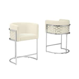 Evan 29 in. Cream Low Back Metal Frame Bar Stool With Teddy Fabric Set of 2