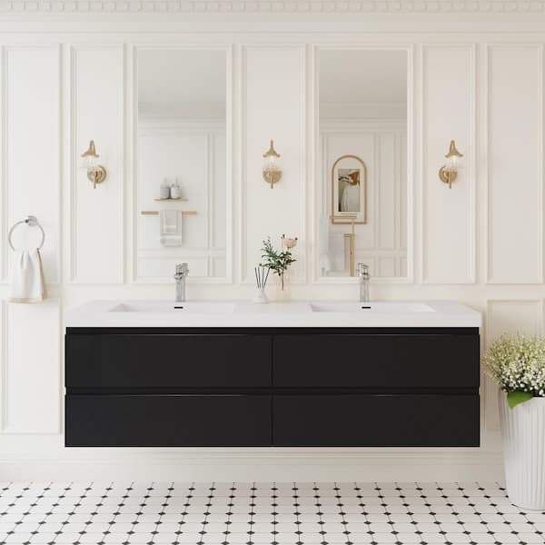 70.87 in. W x 19.7 in. D x 22.5 in. H Double Sink Wall-Mounted Bath Vanity in Black with White Solid Surface Top