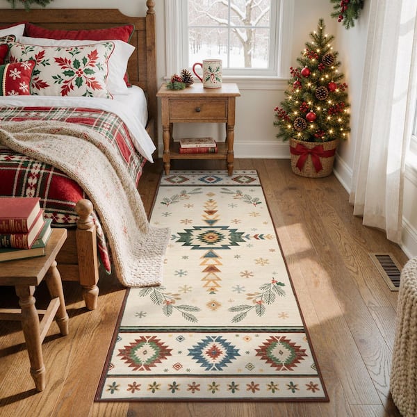 Washable Christmas Vintage Boho Tribal Snowflake Non Slip 2 ft. x 6 ft. Beige Entryway Kitchen Indoor Runner rug