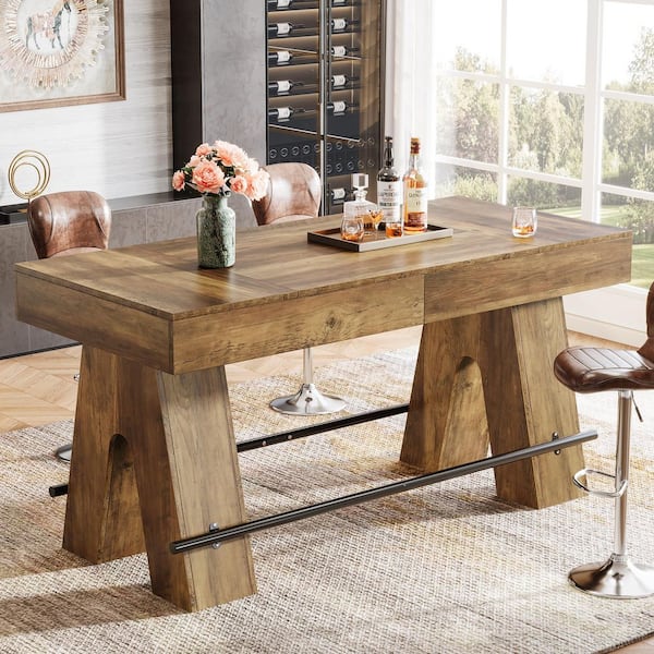 Kearsten Brown 63 in. Bar Height Pub Table, Rectangular High Top Dining Counter Tables with Metal Footrest for Home Bar