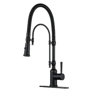 2-Functions Single Handle Gooseneck Pull Down Sprayer Kitchen Faucet with Spring Tube in Solid Brass Oil Rubbed Bronze