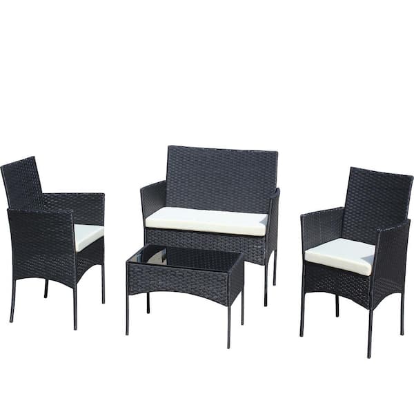 JimsMaison 4-Piece Wicker Patio Conversation Set with Beige Cushions